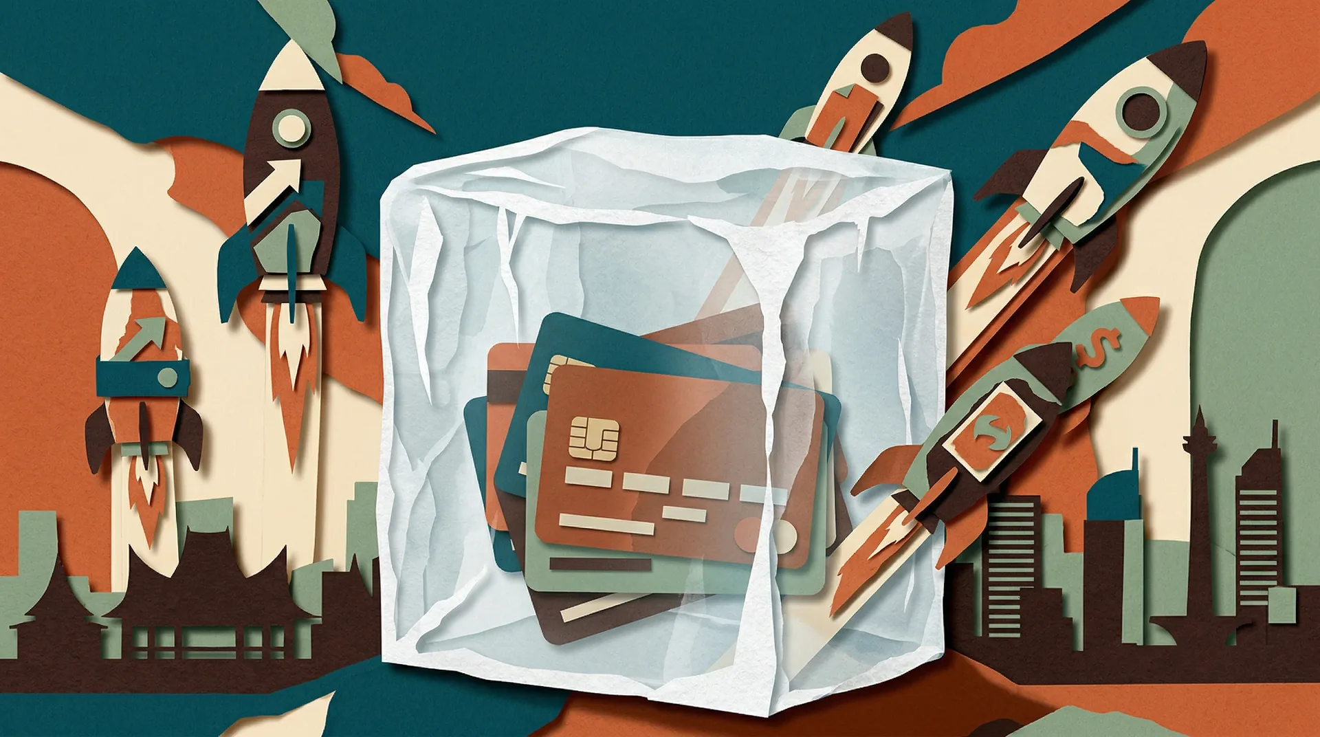 Frozen credit cards encased in ice