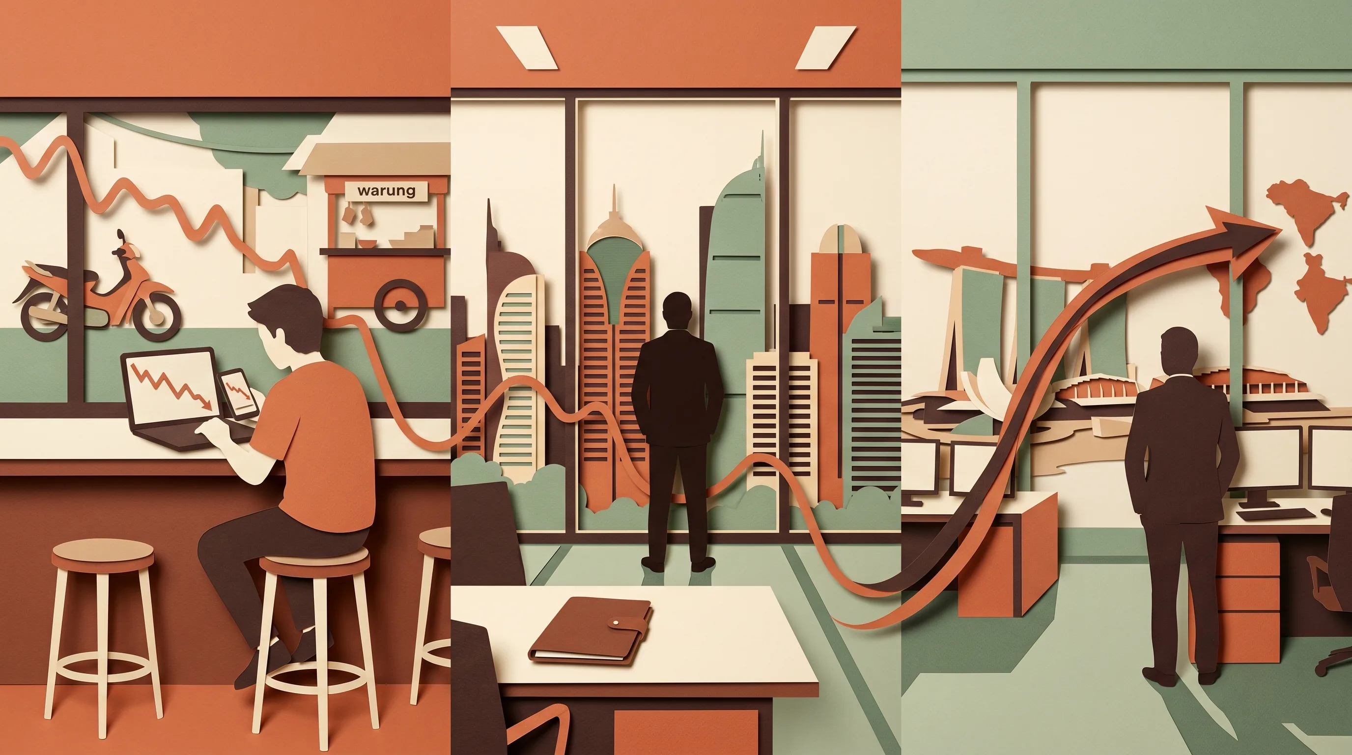 Cut-paper illustration of three Indonesian capital-market investors reading the same falling chart three different ways