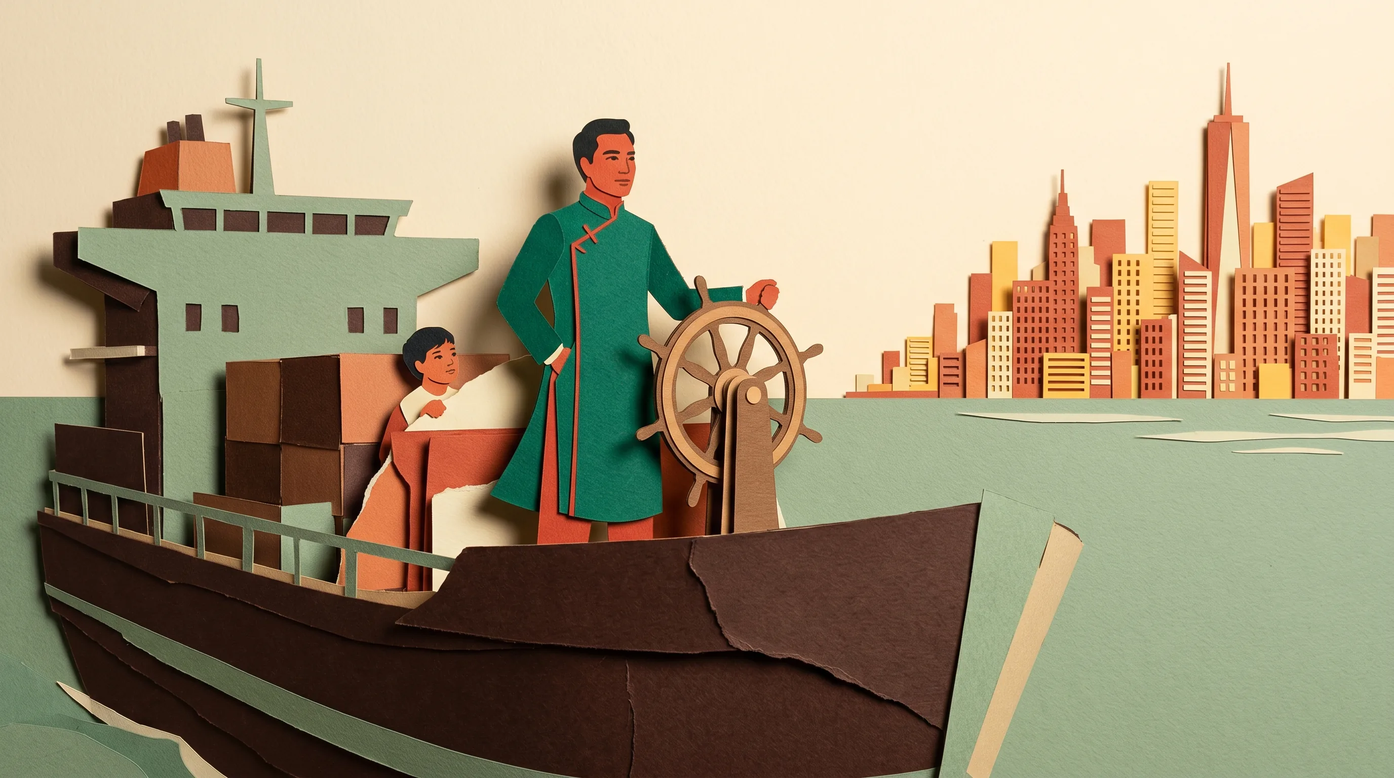 Vietnamese founder at the helm of a cargo ship sailing toward a horizon of skyscrapers — cut-paper editorial illustration